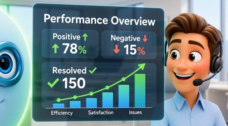 Performance overview dashboard showing 78% positive sentiment, 15% negative, and 150 resolved conversations, next to a support agent illustration